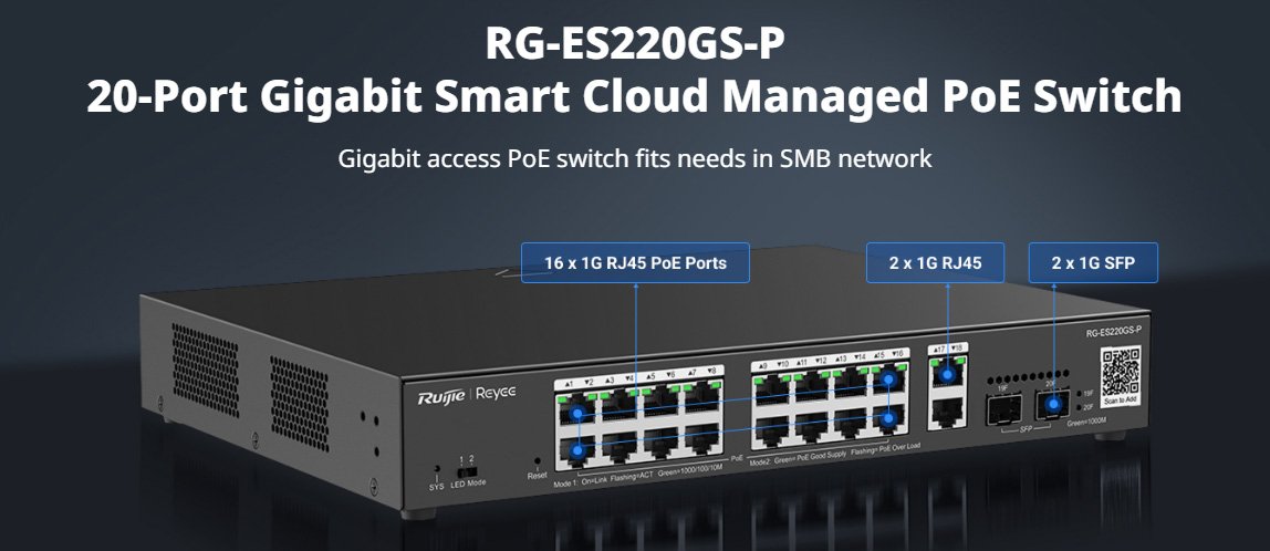 Switch Administrable Reyee 20 ports - 16 PoE+ / 2SFP 250W