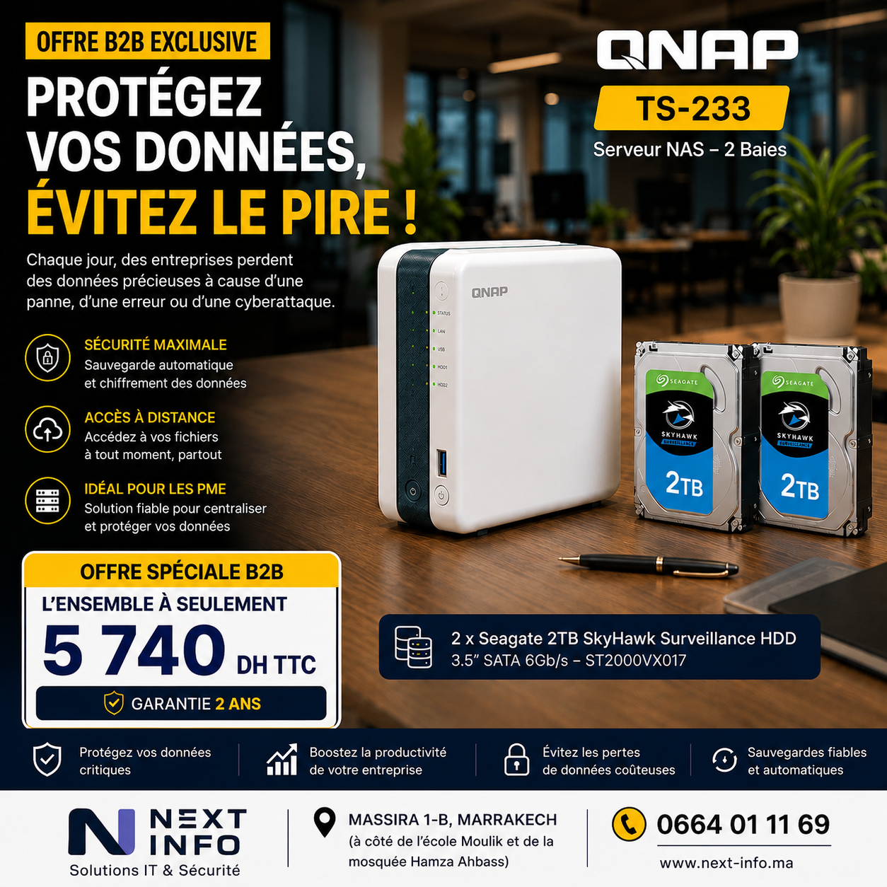 QNAP TS-233 + 2 x Seagate SkyHawk 2 To - Solution NAS 4 To