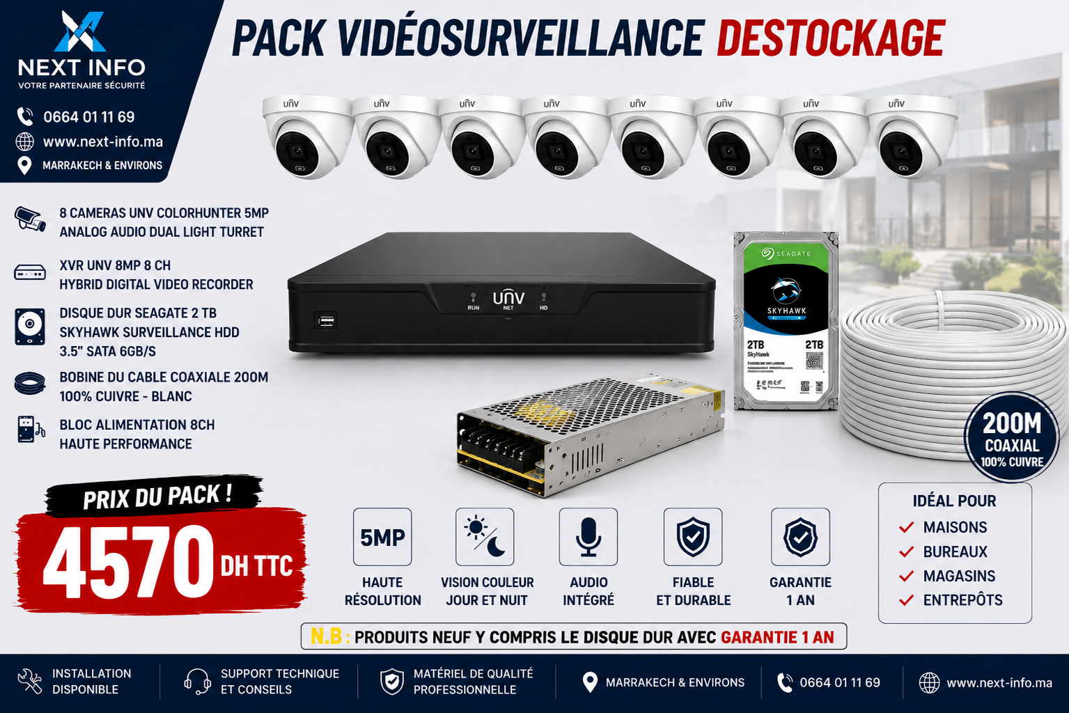 Pack Videosurveillance UNV 8 Cameras 5MP ColorHunter