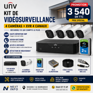Kit de videosurveillance UNV 4 Cameras 5MP avec Disque Dur 2 To