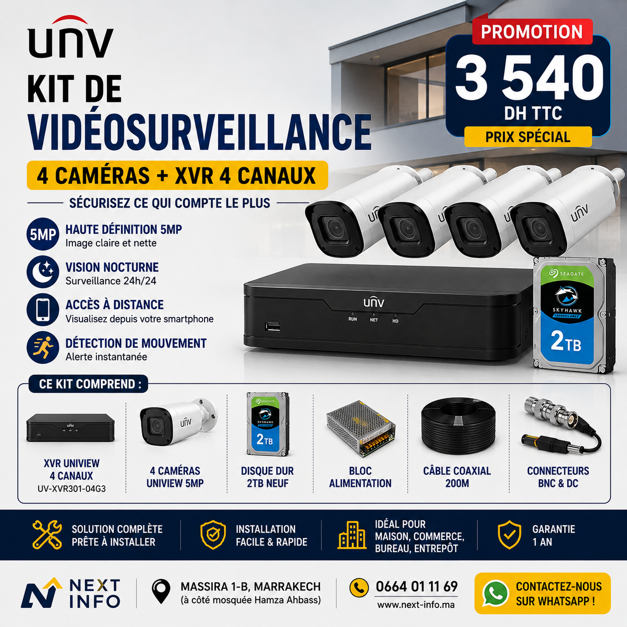 Kit de videosurveillance UNV 4 Cameras 5MP avec Disque Dur 2 To